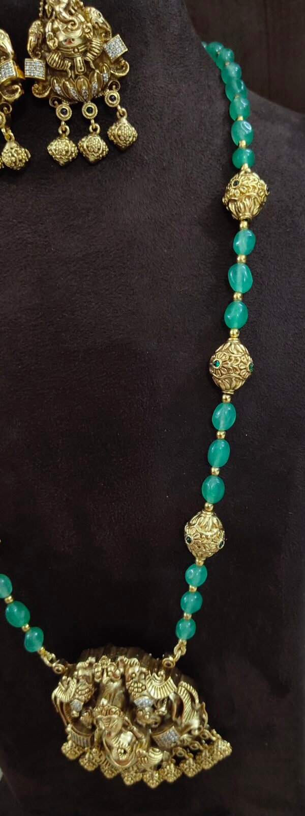 IMG_20260804_120713 One gram gold Jewellery | Long Green beads | Chain with Ganesh Locket and Earrings