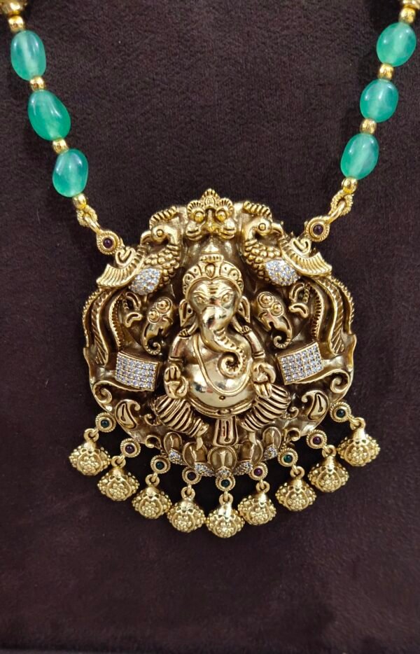 IMG_20260804_120726 One gram gold Jewellery | Long Green beads | Chain with Ganesh Locket and Earrings