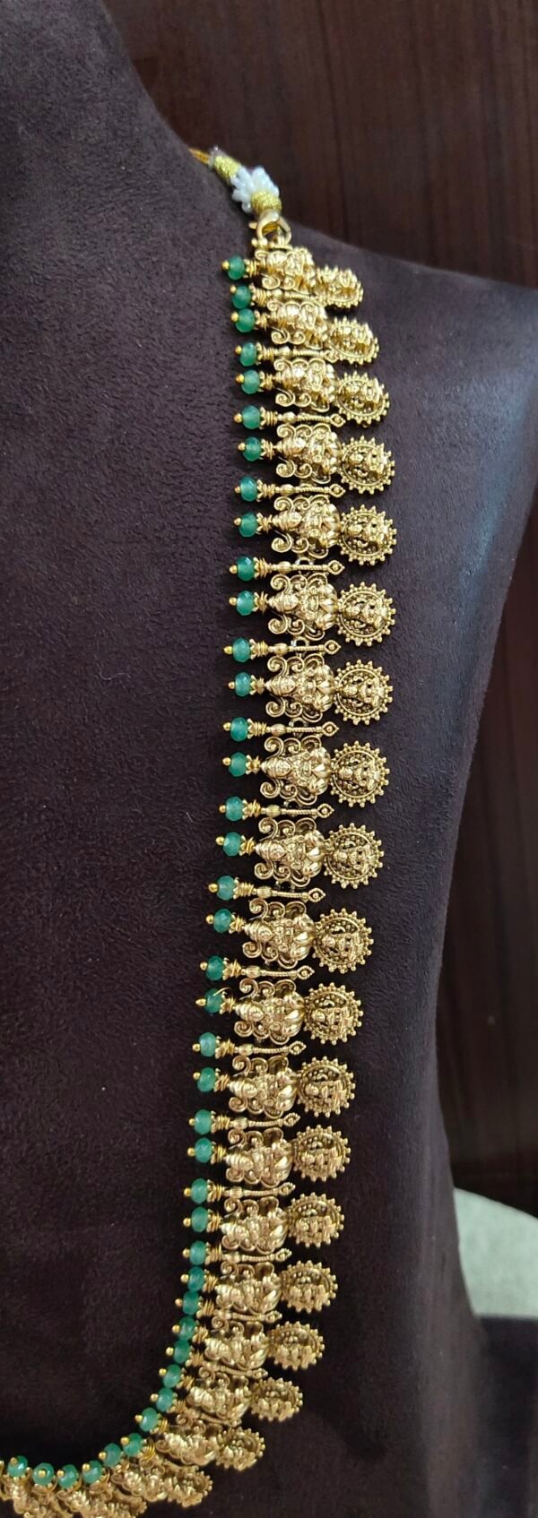 IMG_20260804_120755 One gram gold Jewellery | Long Antique Lakshmi kasula haram with green Crystals