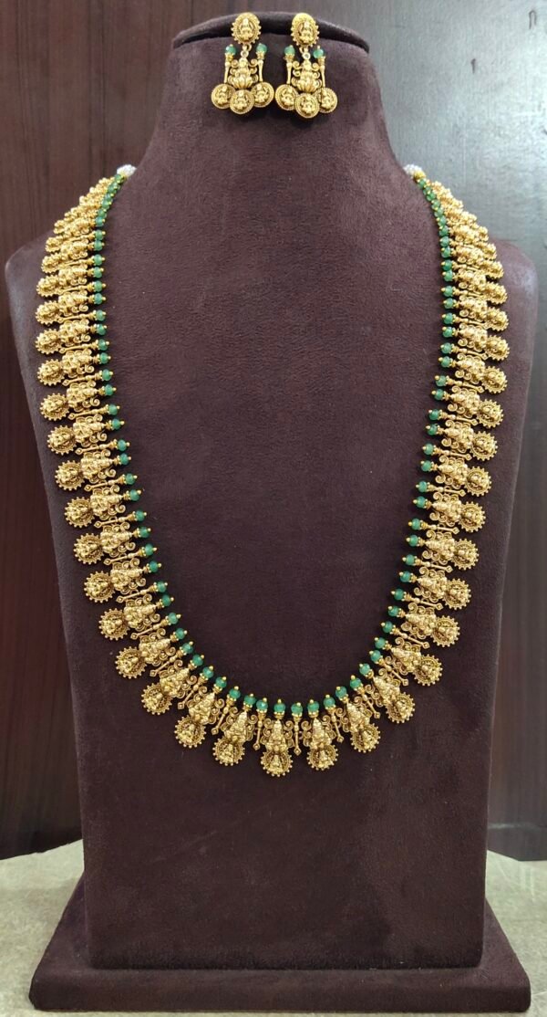IMG_20260804_120846 One gram gold Jewellery | Long Antique Lakshmi kasula haram with green Crystals