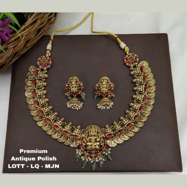 One gram gold Jewellery - Antique  Lakshmi kasu Necklace with coral and heavy jumka