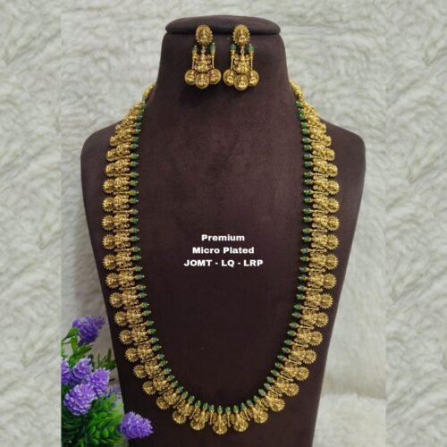 One GRAM gold Jewellery - Long Antique Lakshmi kasu haram with green Crystals