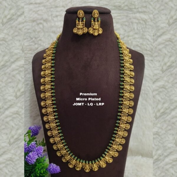 One GRAM gold Jewellery - Long Antique Lakshmi kasu haram with green Crystals