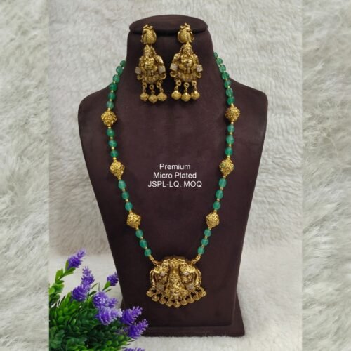 One GRAM gold Jewellery Long Green beads chain with Ganesh locket and earrings
