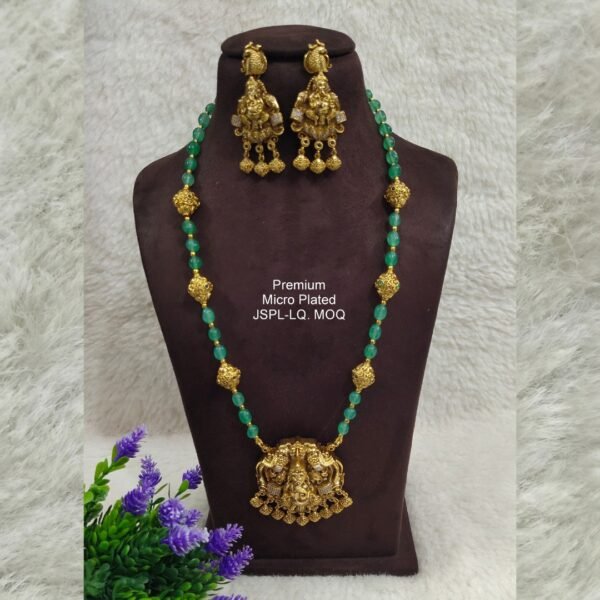 One GRAM gold Jewellery Long Green beads chain with Ganesh locket and earrings