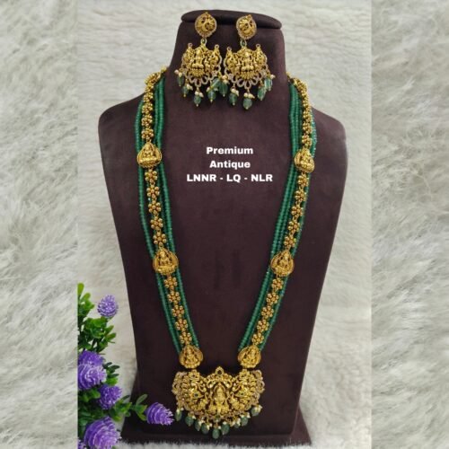 One GRAM gold Jewellery-- Gold Replica pista green beads chain with antique Lakshmi locket with earrings One GRAM gold Jewellery-- Gold Replica pista green beads chain with antique Lakshmi locket with earrings