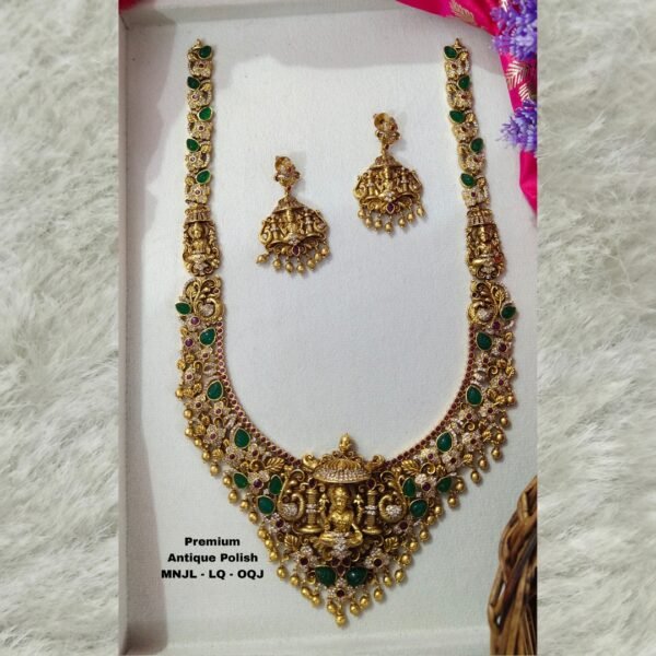 One GRAM gold Jewellery - Long Antique Bridal haram with Lakshmi earrings