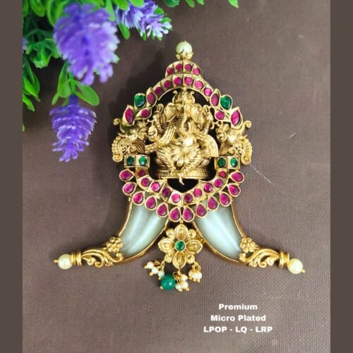 One gram gold puligoru Ganesh locket with kundan stones One gram gold puligoru Ganesh locket with kundan stones