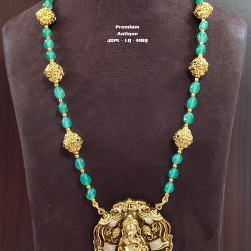 Picsart_26-08-04_15-26-18-309 One gram gold Jewellery | Long Green beads | Chain with Ganesh Locket and Earrings