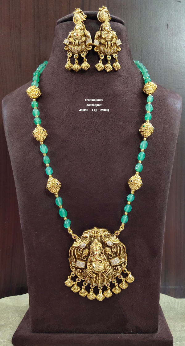 Picsart_26-08-04_15-26-18-309 One gram gold Jewellery | Long Green beads | Chain with Ganesh Locket and Earrings